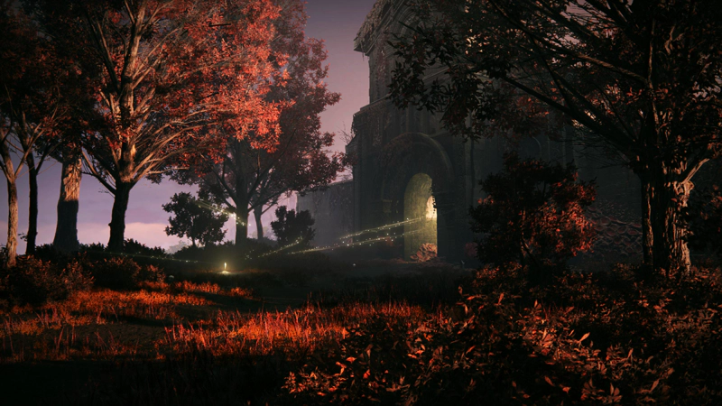 A grove of red-leaved trees and equally red grasses, in front of a wide archway leading into a temple. A shard of Grace sits beneath the trees, and arcs of golden light sweep in from all around, leading towards the archway lit in glowing shades of sunset.