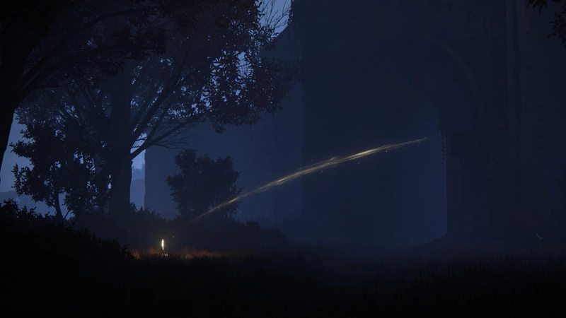 A shard of Grace shines in the dark, surrounded by silhouettes of trees against the soft blue night. A shining golden arc leads from into the dark archway of the temple to the right.