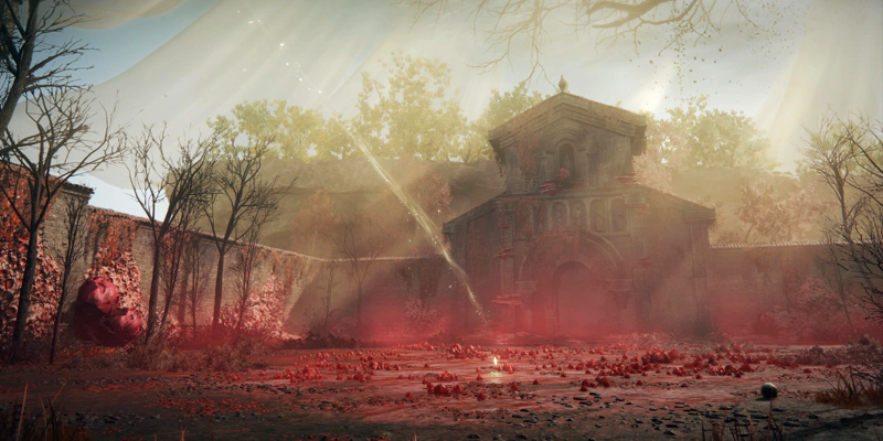 A wide view of the Temple of Rot, scattered with sickly pink and wreathed in pink mist. A simple wall runs around the temple complex, encrusted with coral-like protrusions and strange flowers, and a carved stone gateway rises at the far end, each carved archway containing an indistinct statue. The shard of Grace at the temple's heart sends a single golden arc rising into the sky, where wispy veils float above.