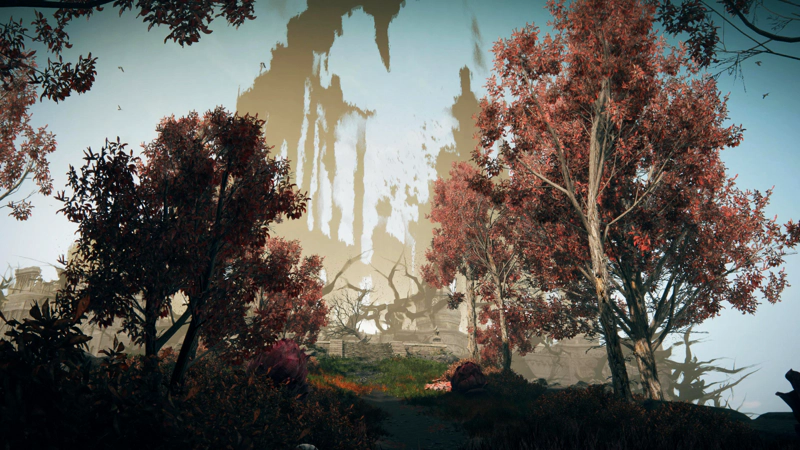 A path between red-leaved trees towards a dais where a tangled mass of dead tree sits contorted before the shadowed city high above.