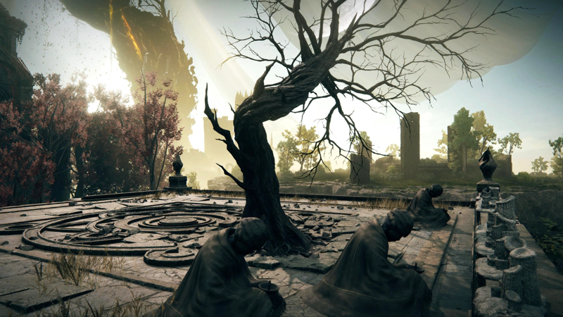 A dead, grey tree, twisted into a spiral, stands atop an ornately-carved dais amidst the ruins of paradise. Beneath its branches, statues of robed men prostrate themselves before a row of partially-melted candles, and the shining city out-of-shot to the right.
