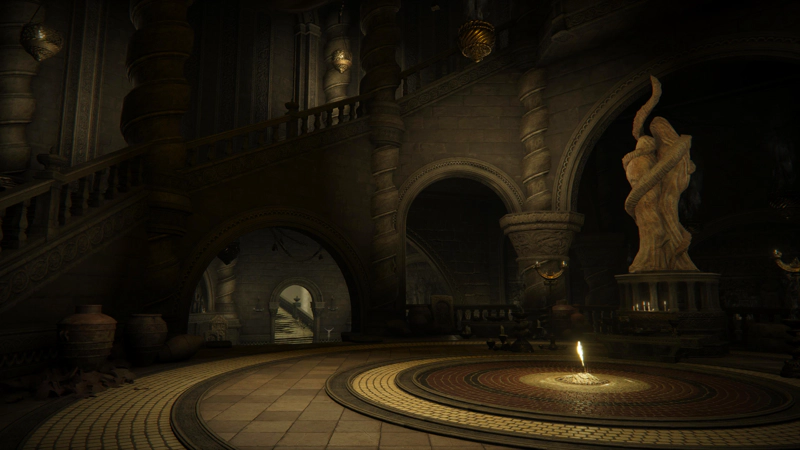 A circular chamber, where a shard of Grace sits at the heart of concentric circles of mosaic, beneath a stylised statue of a pair of robed figures wrapped in a spiralling horn. Ceramic pots and candles scatter the floor, and a large spiral staircase with a balustrade leads around the edge of the room. Beyond the mosaic circles, a small arched doorway leads out into the city.