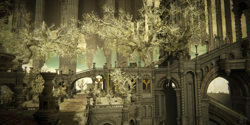 A view across the pale city, towards a series of terraced gardens of grey trees with golden leaves. An elevated pathway leads from left to right, rising up a long processional staircase deeper in the city, large stone archways supporting the path. The sky beyond is full of vast grey-stone pillars supporting the higher spirals, but many of them taper off in mid-air, as if held up by some higher power.