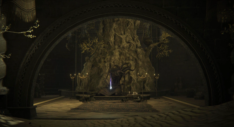 A semi-circular archway leads to a small shrine, with a statue of a many-horned figure on its knees and a thick yellow-grey tree trunk whose bark is knotted and whorled in shapes that resemble bodies trapped beneath the surface. A wisp of purple light rises from the statue's lap.