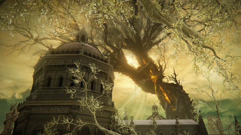 The black-and-gold bulk of the Scadutree rises into a green-gold sky, above a large domed cathedral of pale stone. Golden foliage creeps in from the edges of the scene.