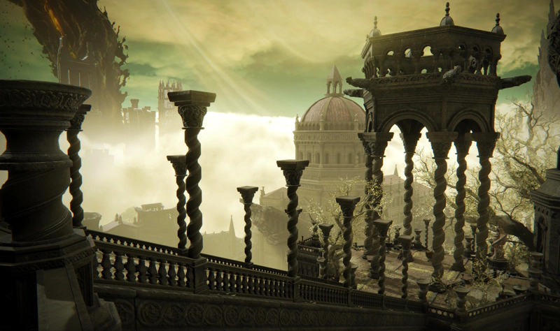 A long flight of processional stairs leads downwards, to where a decorative tower of grey stone stands atop six spiralling pillars. Around the tower, spindly trees spread their golden foliage, and beyond, a domed cathedral sits on the skyline.