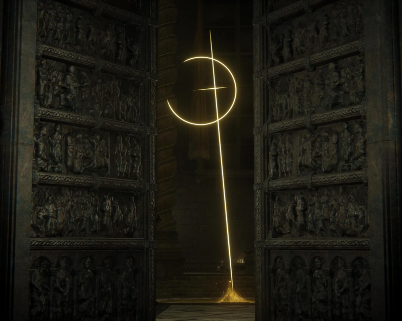 A pair of heavy dark-grey iron doors, parted to reveal a golden cross-and-sickle shining from the gloom within. The doors are cast with many rows of figures in relief, but the details of the figures have been eroded by time.