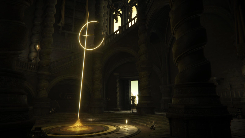 A golden cross-and-sickle shines from a circular mosaic at the centre of the room. Heavy spiralling pillars rise out of sight, and a wide spiral staircase runs around the edge of the room, ascending to arched windows high above.