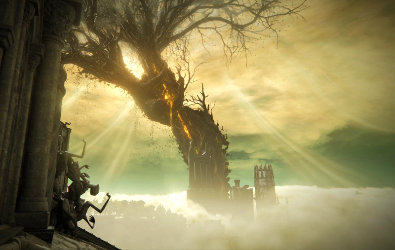 A view from the rooftops of Enir-Ilim, out towards the Scadutree standing bold against the morning light. The Shadow Keep and a low-lying forest emerges from a thick band of cloud far below. In the immediate foreground, a pillar rises from a tiled rooftop beside a stone carving of a tangle of human limbs.