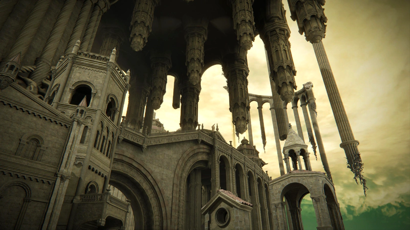 The city of Enir-Ilim hanging in a green-gold sky. The lower half is a row of buildings running beneath an ornate balustrade, and regularly-spaced pillars hang like stalactites from a dark roof far above. A curving stairway can be seen suspended in the background, held up by pillars which dissolve into stone carvings of human bodies at their lowest point.