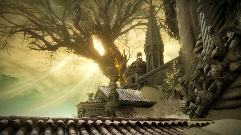 The red-tiled rooftops of the pale grey city, leading the eye towards the Scadutree in the distance. In the foreground, a cluster of stone carvings like misshapen bodies jut from a spiralling pillar, and fine white ash cakes the tiles just below. In the mid-ground, the sloping rooftops give way to other shapes, including a spire and an octagonal domed building.