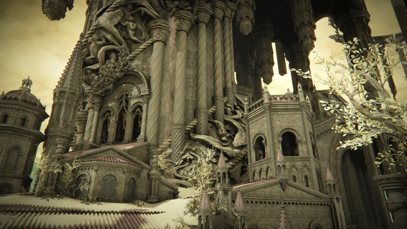 A rising facade of pale grey stone against a yellowed sky. There are so many different textures of stone: spiralled columns, archways with horn motifs, clusters of carved corpses erupting from the stonework, and larger, more abstract figures and winged creatures carved in smooth flowing motion. There are occasional pops of pale pink where the roof tiles show, though the larger patches are mostly covered in fine grey ash. To the left, the facade dips away to reveal a series of hanging pillars, like ornate stalactites.