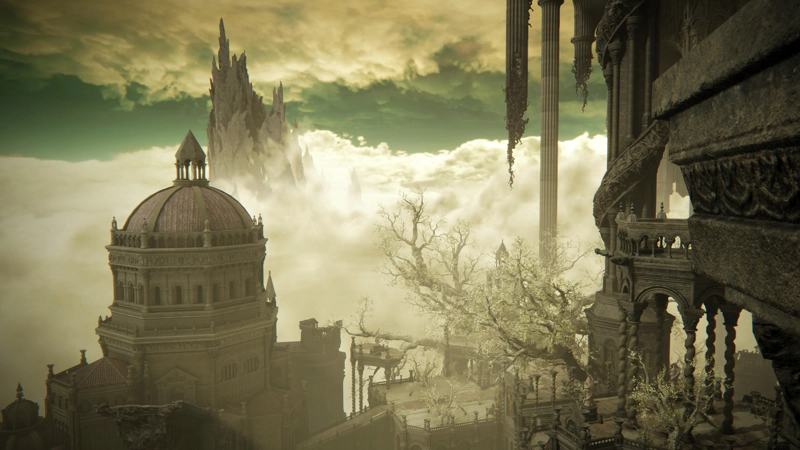 A view over the grey city of Enir-Ilim, its tree-dense gardens and processional stairways, above its domed cathedral, and out towards a jagged mountaintop emerging from a sea of white clouds. A second band of cloud hangs high above, and a stripe of grey-green sky between the two.