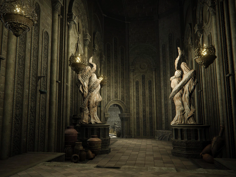 A tall interior hallway, neatly paved with square blocks. All the walls are inlaid with narrow arch patterns with carved symbols within. There are two identical statues flanking the hall, of two robed figures wrapped in a spiralling horn, and around there feet are various jars and amphorae.