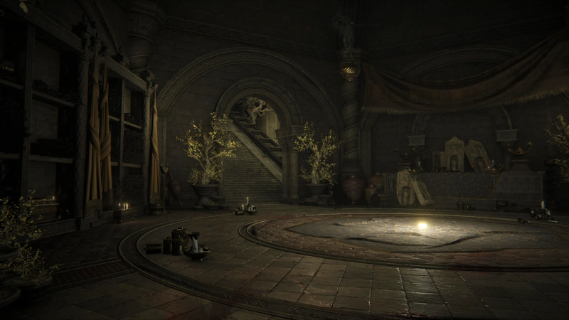 A large octagonal chamber in Enir-Ilim, with spiralling columns in each corner of the room, and a pair of golden-leaved trees flanking an archway leading to a wide set of stairs. There are concentric circle patterns inlaid into the floor, and a bright stone shines from atop a rumpled carpet in the centre of the room. The walls are decorated with hanging banners and storage shelves, and an altar-like structure with horned candlesticks and stone tablets carrying a single carved figure, as if a portable shrine.
