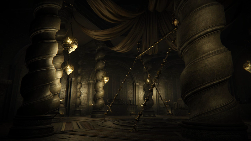 A dark chamber in Enir-Ilim, where a large tent-like structure of gleaming metal supports a circular lift. Around the edges of the lift are extra-thick spiralling pillars, lit with wan golden light from hanging torches in gleaming wire sconces, and above the contraption a series of swooping banners recall the spectral veils outside.
