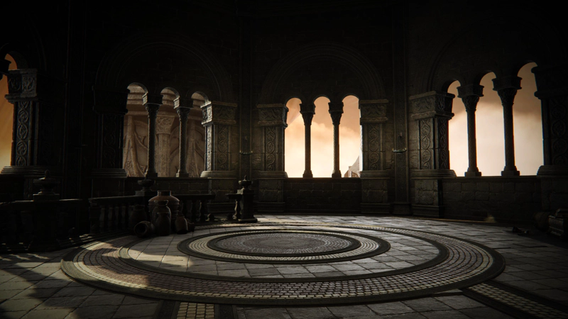 A peaceful octagonal chamber at the top of one of Enir-Ilim's towers. Each wall has three arched windows, and the sky beyond is filled with pink-orange clouds. The evening sunlight shines in gently from the left, drawing attention to the crisp concentric circles of the mosaiced floor. There are a few jars beside a staircase railing leading down, but otherwise the room is empty.