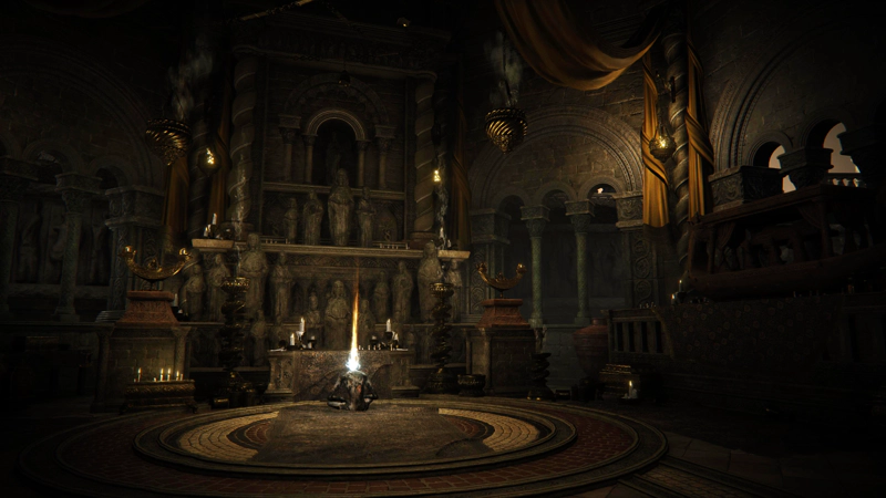 A dark chamber shortly after sunset, filled with objects of ritual significance. The floor is decorated with concentric circles of mosaics, and a corpse with a flaming head sits crossed-legged on a ragged carpet, facing an altar covered with a faded cloth and lit by white candles. Behind the altar are two rows of carved effigies of venerated people, each carved to a different size and arrayed so the taller figures are most central in each group. There are ornate candlesticks and small metal arks, stone pillars topped with horned candelabra, and various finely-crafted jars and pots scattered around the altar.