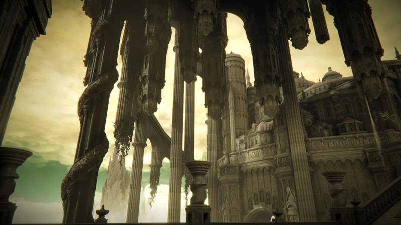A view across upper Enir-Ilim, where stalactite-like columns descend from the top-most layer above, and vast pillars with spiral carvings hold up the roof. The sky is filled with yellow clouds, and a stripe of greyish-green sky can be seen below.