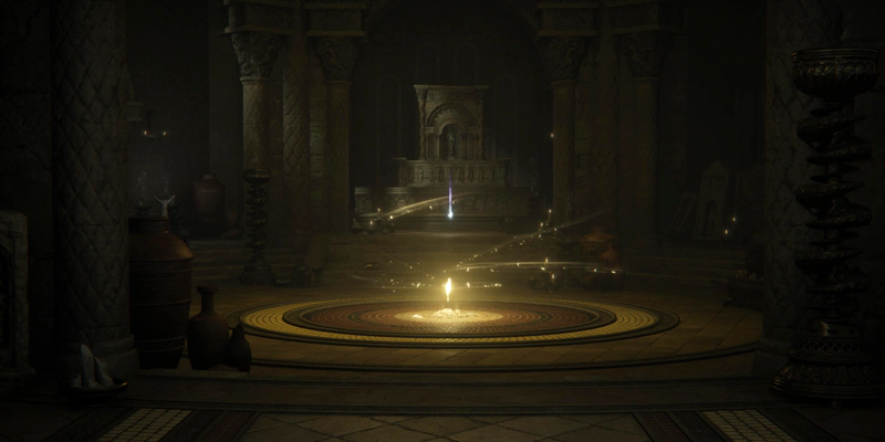 A shard of Grace shining at the centre of a concentric circle mosaic, surrounded by arcs of light. The room is dim aside from a shaft of light coming from the left, and a purple wisp sits at the foot of a three-tiered grey stone altar at the far side of the room. The pillars in each corner of the room are carved in a diamond pattern, and low sets of stairs lead up into alcoves in each direction.