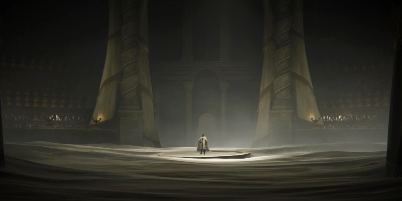 A warrior in a fur cloak and a metal helmet stands at the centre of a large audience chamber. The floor is piled deep in pale grey ash, forming small dunes. An arch leads onwards behind her, and two large spiralling pillars are flanked with long draping curtains of grey cloth and gold trimmings. To either side, rows of small carvings of figures with bowed heads line the walls, above candlesticks and horned ritual ephemera.