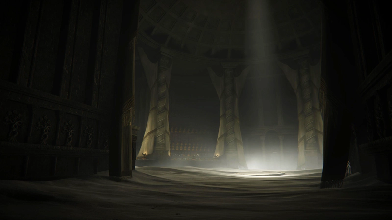 A view of a large audience chamber from the entranceway. The floor is awash with grey ash, forming dunes beneath a single shaft of bright light from an oculus in the domed ceiling above; the dome is supported by a series of large spiralling pillars, each hung with spiralling curtains of grey cloth with gold trimmings.