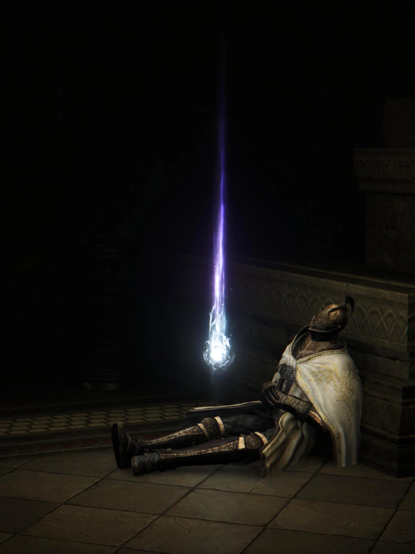 The knight in a white fur cloak and a golden helm lies propped up against a wall, dying. A wisp of white light - fading to purple as it rises - hovers above her legs. The floor is paved with square grey tiles, and behind her are four stripes of mosaic in red and white.