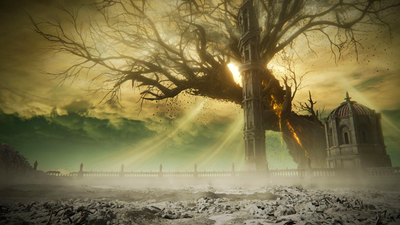 An ashen battlefield atop the pale city. The ground is ash and bones, and a low stone railing obscured by mist gives way to an epic view of the black-and-gold Scadutree and its veils. The sky beyond is yellow cloud around the obscured sun, dipping into bruise-green as the cloud cover recedes. A spiralling tower of grey stone cuts vertically across the view, beside a small domed tower topped in red terracotta.
