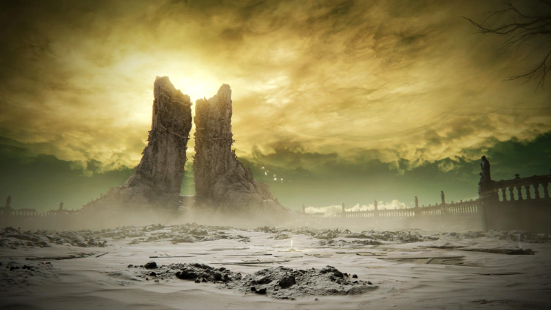 An ashen battlefield atop the city, where a single shard of Grace shines from broken paving beneath a yellow sky. A broken stone railing topped with robed statues curves around to the right, to a vast throne of ash and bone, eroded stairs leading up to a cleft between two towers thronged with stone bodies hanging like ivy. The top of the towers is a crescent, throning the bright sun as it fails to fully pierce the cloud.