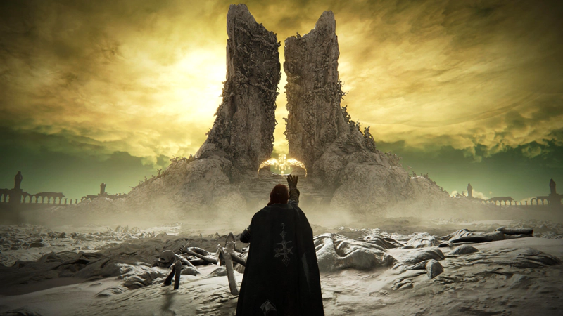 Gille the Confessor, wearing her black confessor's cloak once more - and with Miquella's golden mark shining above her brow - faces the demigod's high throne of ash and bone. She raises one arm, beseeching, fingertips outstretched. Above, the uncaring sky roils in yellow cloud.