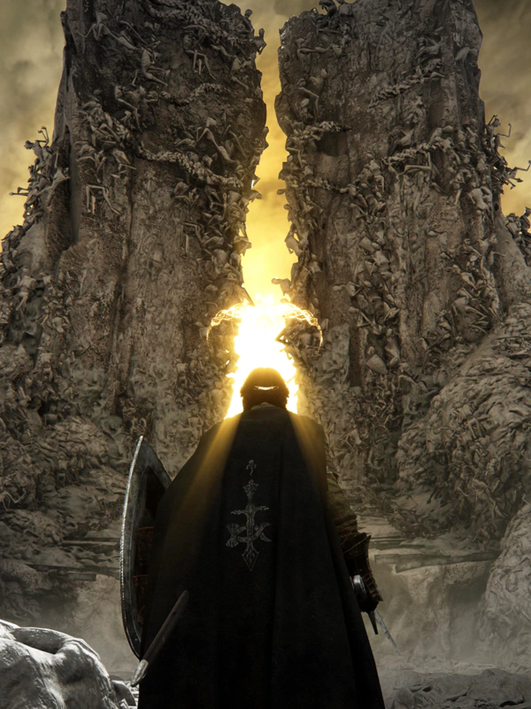 Gille the Confessor stands before Miquella's throne, her sword and shield at the ready, and with Miquella's rune a crescent above her golden circlet. The two pillars of the throne loom against a dark yellow sky, the stone bodies that clamber up the stonework looking disturbingly like tortured souls so close up. The rising sun shines golden through the cleft at the heart of the throne, blazing down on her and casting bright godrays down over her shoulders.