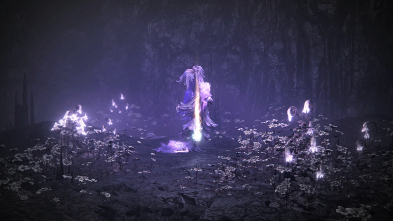 Deep below the cerulean coast, in a purple-drenched chamber we've visited before, Saint Trina lies dead on the floor. Her vivid purple hair flows outwards from her outstretched arm, and her purple robes stand like a poisonous flower in her wake. A glorious wisp of white and gold rises from her corpse.