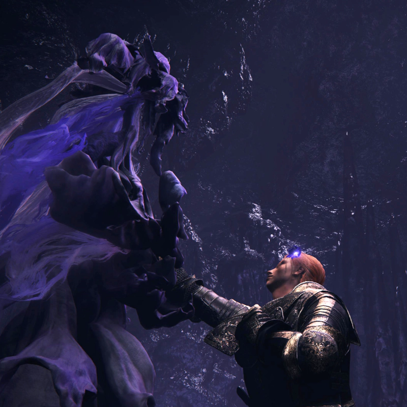 Gille kneels before Saint Trina's remnants in a cavern deep below the earth, with a vivid purple flower in her hair. She clasps one gauntleted fist to her heart and reaches out with the other, as if seeking forgiveness.
