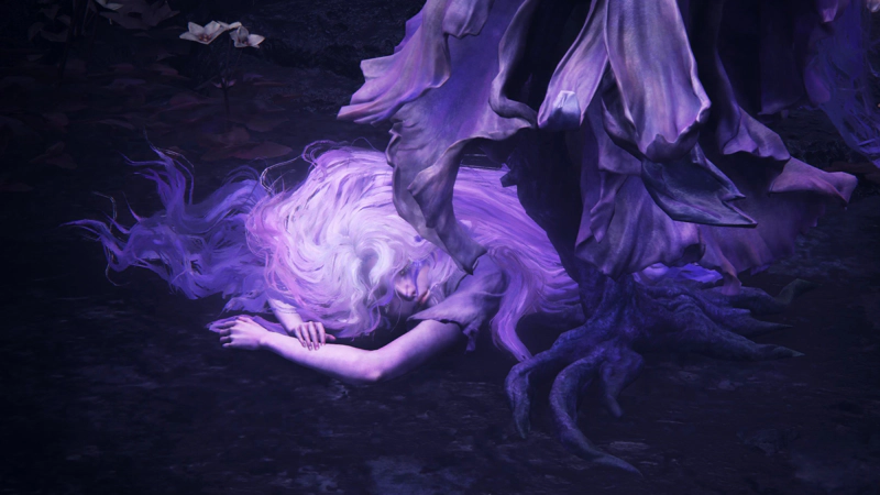 A close-up of Saint Trina, the discarded half of Kind Miquella, in death. Her face is child-like, partially obscured in flowing waves of vivid purple hair, and her flesh is also cast in shades of pale purple. Her arms are spread above her head, as is she has merely succumbed once more to slumber. To the right, the plant-like robes in which she slept until now still stand rooted to the ground.