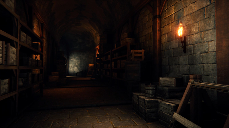 A corridor, dimly lit with burning torches, stacked full of wooden crates and buckets. Long wooden shelves line the walls, and in the distance the wall is washed with bright daylight.