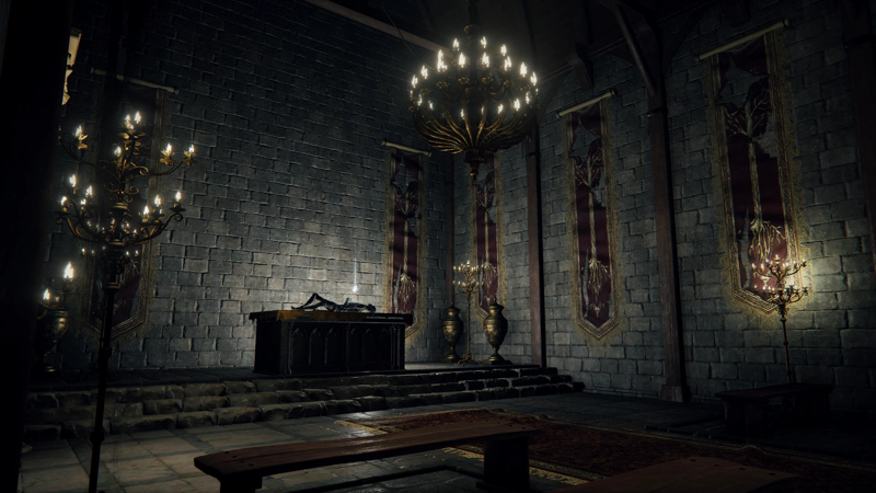 A grey-stone chapel with faded red-gold Erdtree banners on the wall. There is a corpse lying on the altar, and rough wooden benches spaced to hold an absent congregation. The room is lit by golden candlesticks and an ornate chandelier, but also from a spectral wisp floating above the corpse's chest.