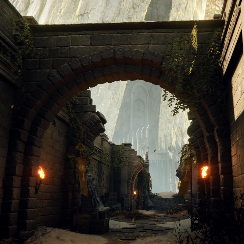 A view through a stone archway and down a shattered lane, caked in dust and overgrown with vegetation, towards a distant grand promenade and a vast arched portal.