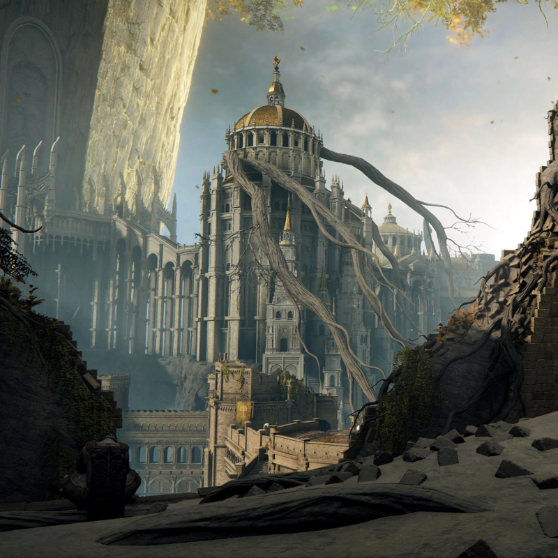 A view through a broken-down wall across the Capital. A tall golden-domed palace stands wreathed in tree-roots, while layers of city wall wend their way below.