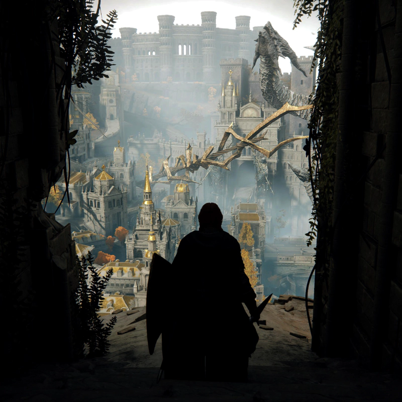 A warrior stands silhouetted atop a pile of rubble, looking out across the golden rooftops of the Capital. Above the buildings, a stone dragon rears up, impaled on a monolithic spear of lightning, and beyond that, the towers of a colosseum stand against the sky.