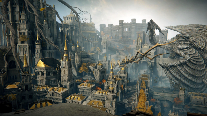 A panoramic view down over the Capital city. The rooftops shine with gold, though some are caved in, and vast tree roots clamber down from the high places at the heart of the city. To the right, a dragon crouches atop the wall, impaled by a giant spear.