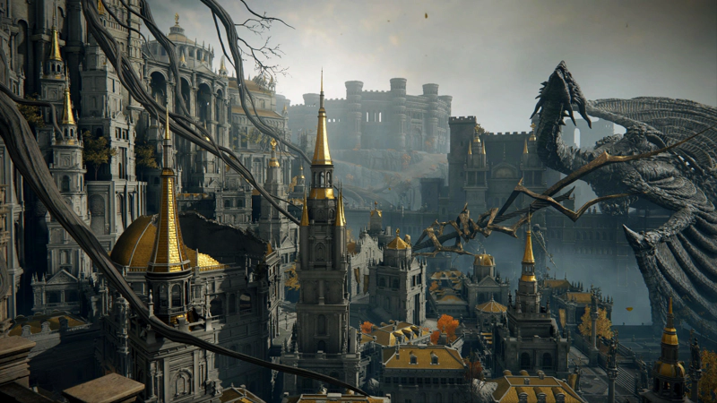 A panoramic view down over the Capital city, from a different view. The rooftops shine with gold, though some are caved in, and vast tree roots clamber down from the high places at the heart of the city. To the right, a dragon crouches atop the wall, impaled by a giant spear.