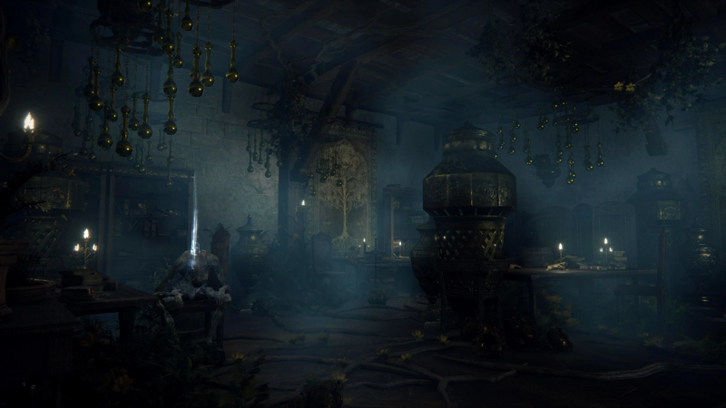 A dark, atmospheric storage chamber full of large metal vessels and dangling glassware, with roots across the floor. A corpse sits at a desk to the left, a spectral light rising from their torso.