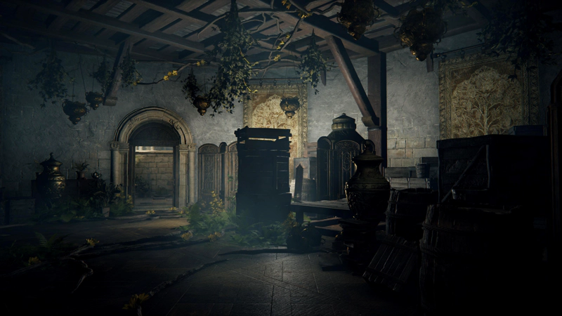 A stone chamber full of crates and assorted ephemera, with golden Erdtree banners on the walls. A pile of junk obscures a bright light against the far wall, while bushels of herbs dangle from the wooden beams.