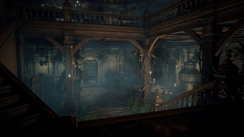 A dimly-lit chamber, viewed from part-way down an angular flight of stairs, dense with foliage, urns, and a desk stacked high with books.