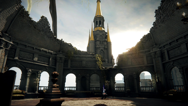 A large room within a shattered dome. Vegetation drapes over the broken brickwork, and a golden spire rises beyond. A corpse is tied to a chair across the room, a blue-purple wisp rising from their chest.