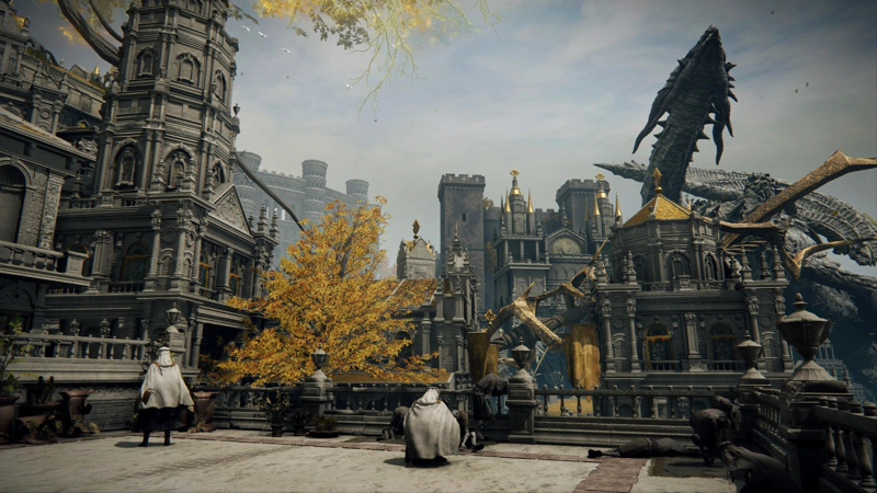 A wide balcony overlooking the Capital skyline. Two perfumers in gold-detailed white robes are tending to a number of figures in rough brown clothes, collapsed against the railings.