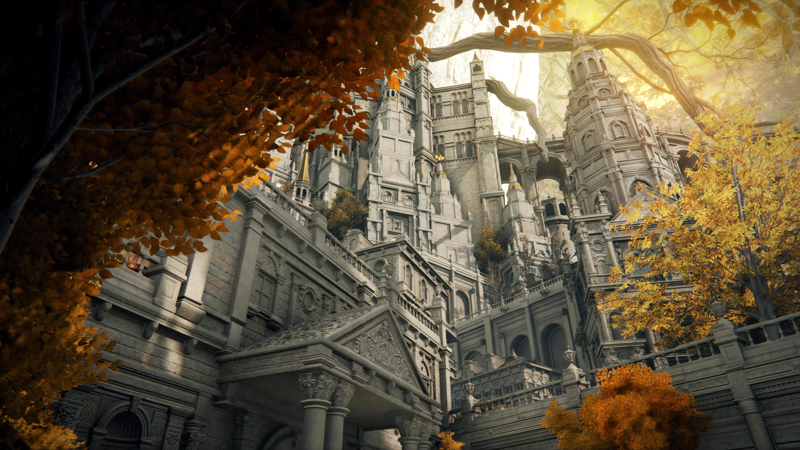 A view upwards across the many layers of pale grey Capital architecture, rising spires and classical porticoes. Golden foliage rises to the left, blocking part of the view.