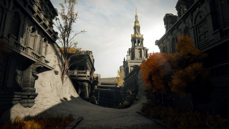 A street in the Capital, partially obscured by grey ash, and blocked by a crashed carriage. A knight in golden armour is sitting against a railing, with their sword across their lap.