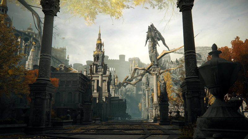 A wide processional avenue leading deeper into the Capital. Statues line the way, past crashed carriages and Erdtree banners. A vast lightning spear hangs overhead, spearing a great stone dragon.