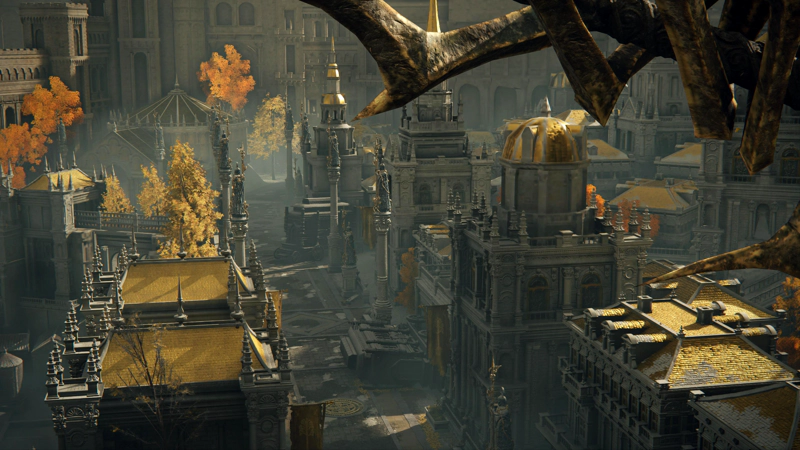 A view from the far end of the processional avenue, from an elevated viewpoint. The lightning spear obscures the top-right of the image, and from this height, the golden roof tiles of the buildings lining the way are clearly visible.